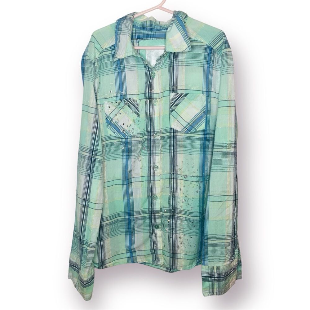 Justice Paint Splatter Silver Thread Plaid Button Down Shirt Green Blue 12